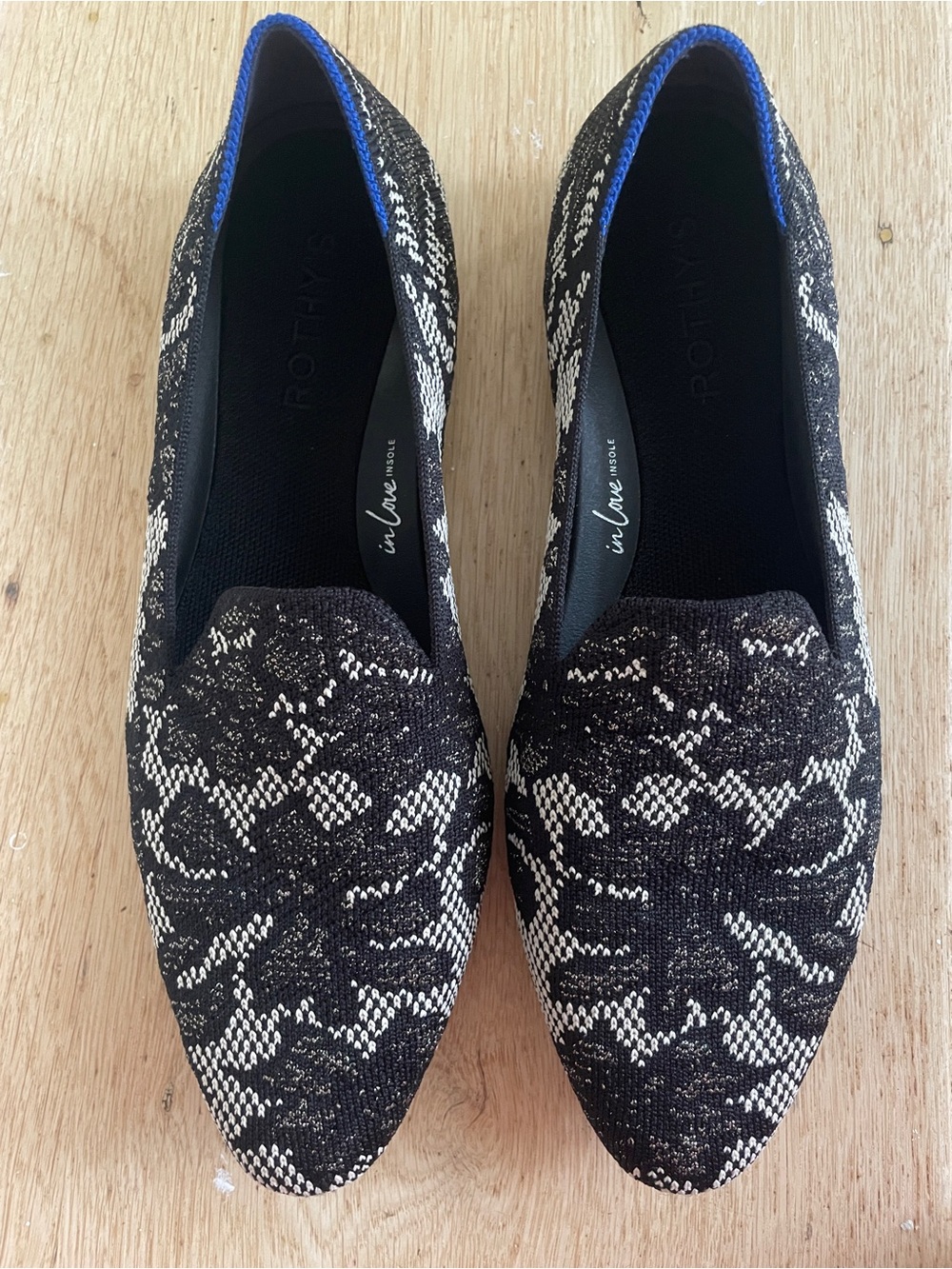 Rothy's Almond Loafer in Black Metallic Chantilly Lace Pointed Knit Flats Sz 8.5
